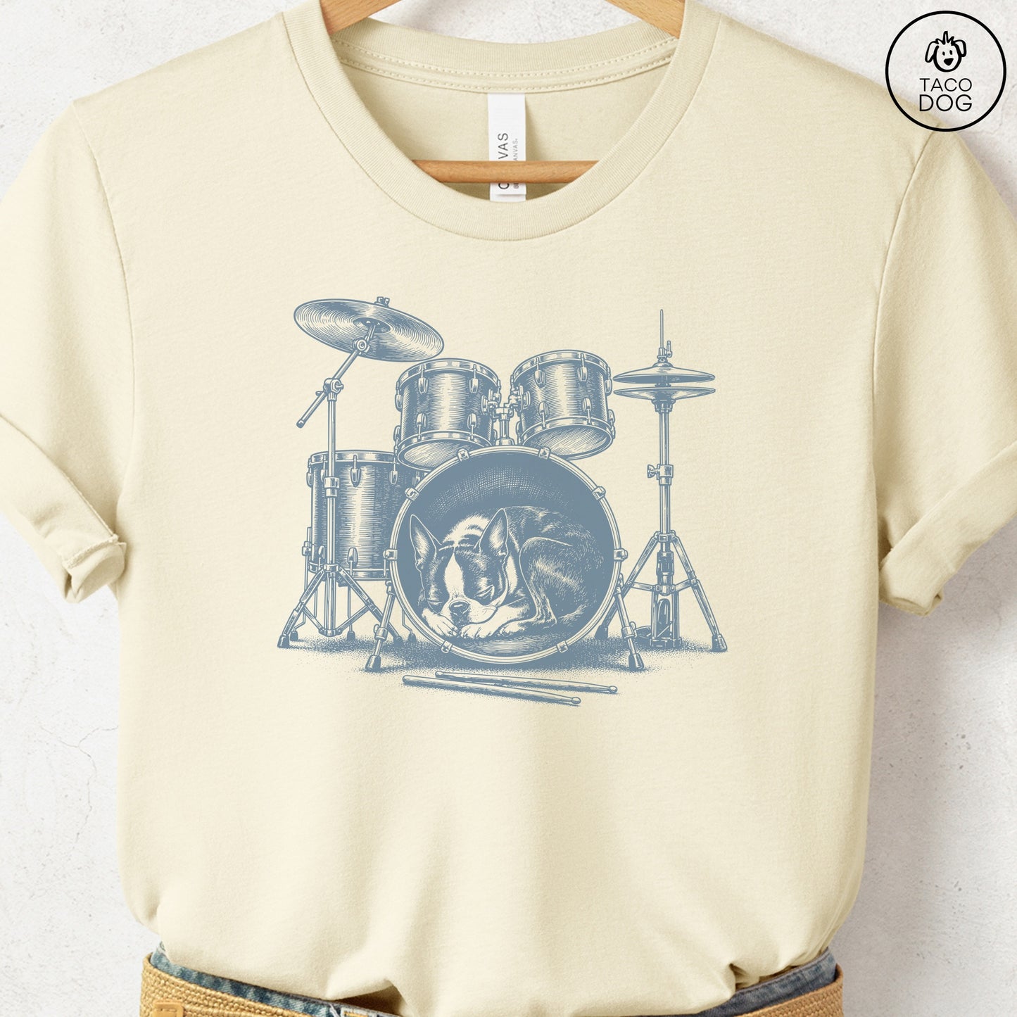 Boston Terrier Drum T-Shirt Natural Taco-Dog