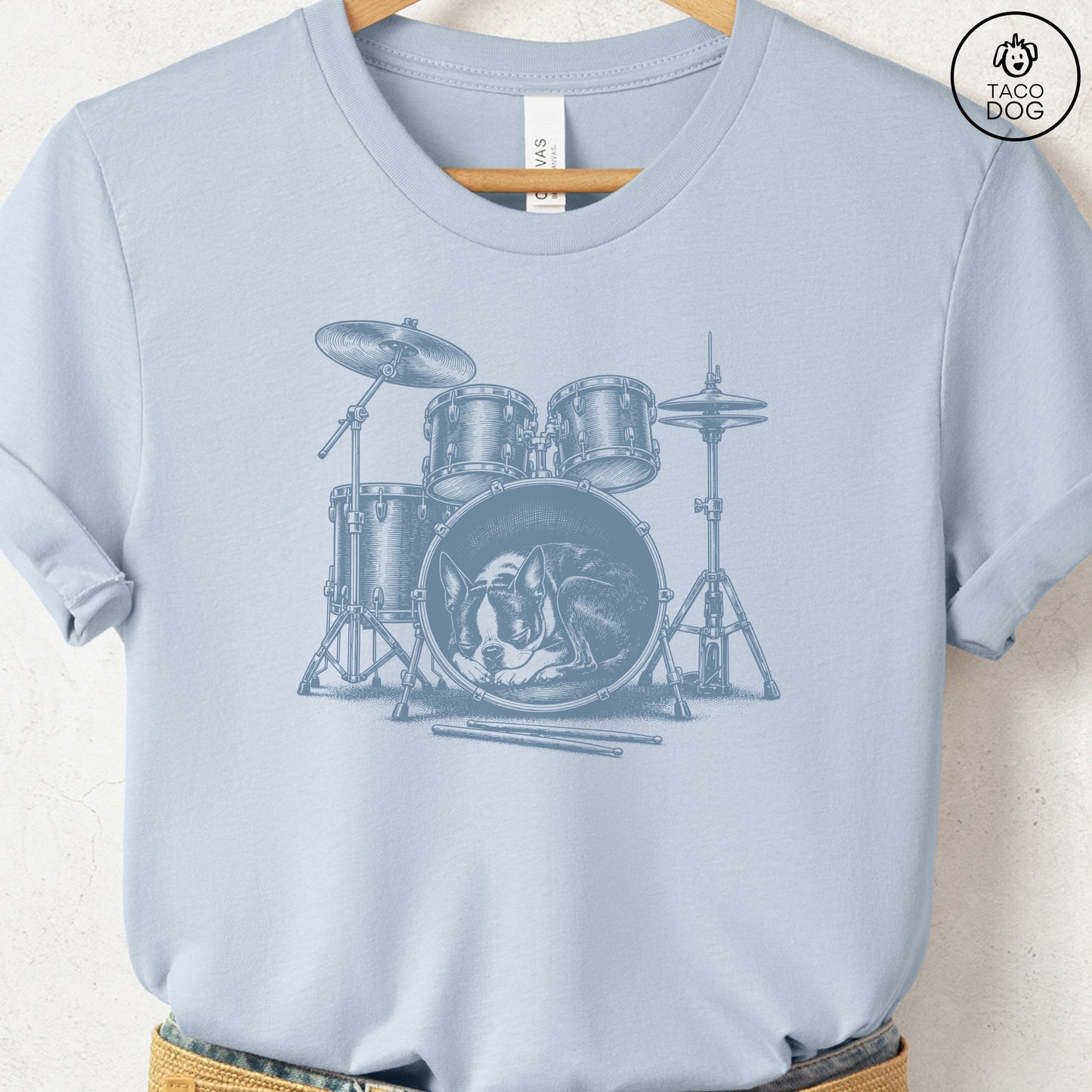 Boston Terrier Drum T-Shirt Light Blue Taco-Dog