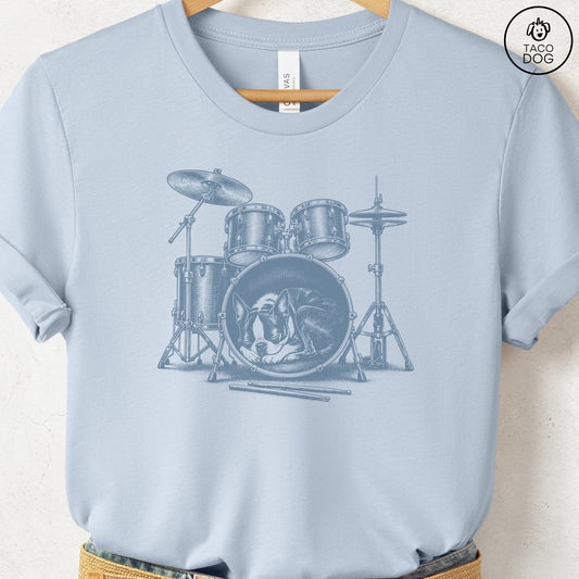 Boston Terrier Drum T-Shirt Light Blue Taco-Dog