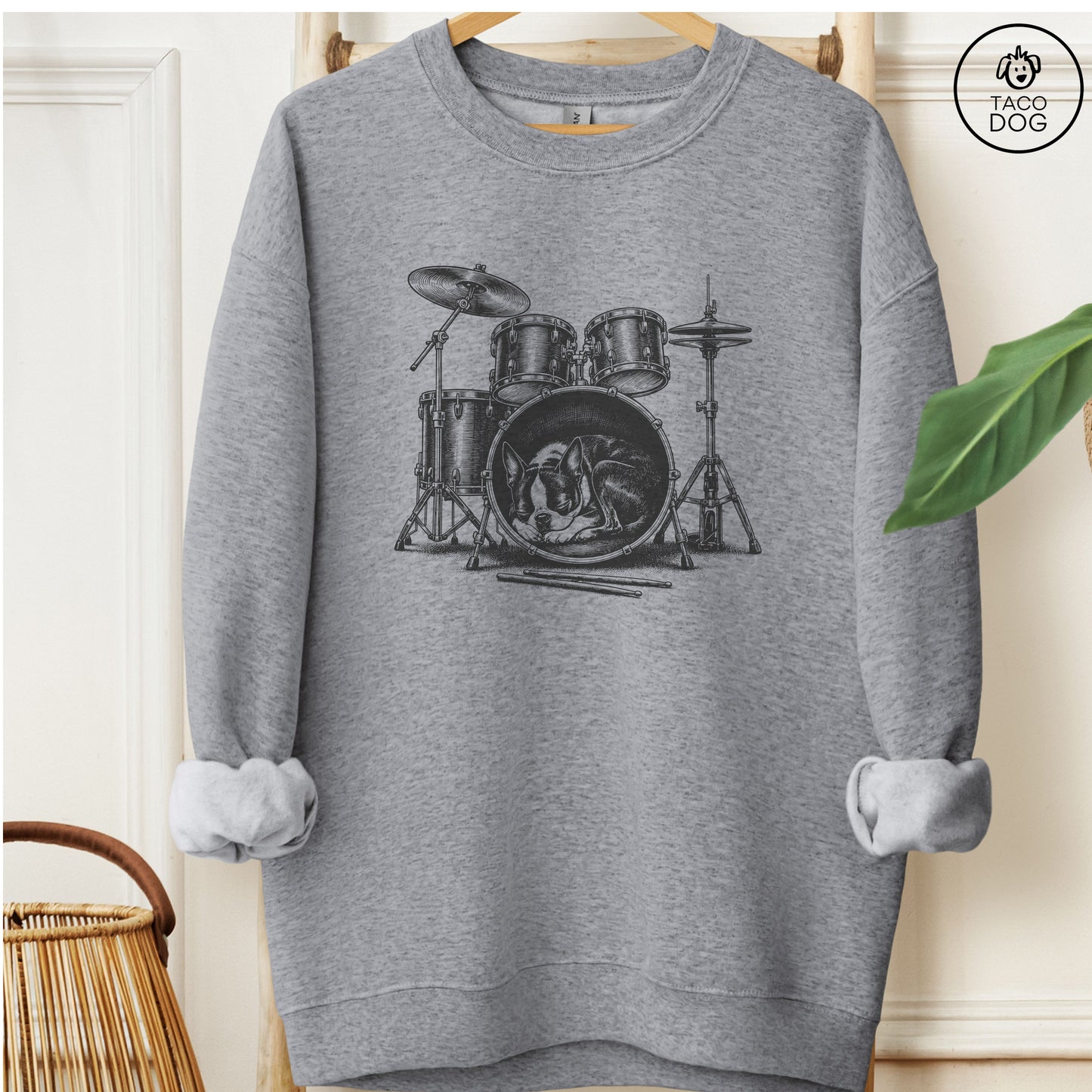 Boston Terrier Drum Sweatshirt Graphite Heather Taco-Dog