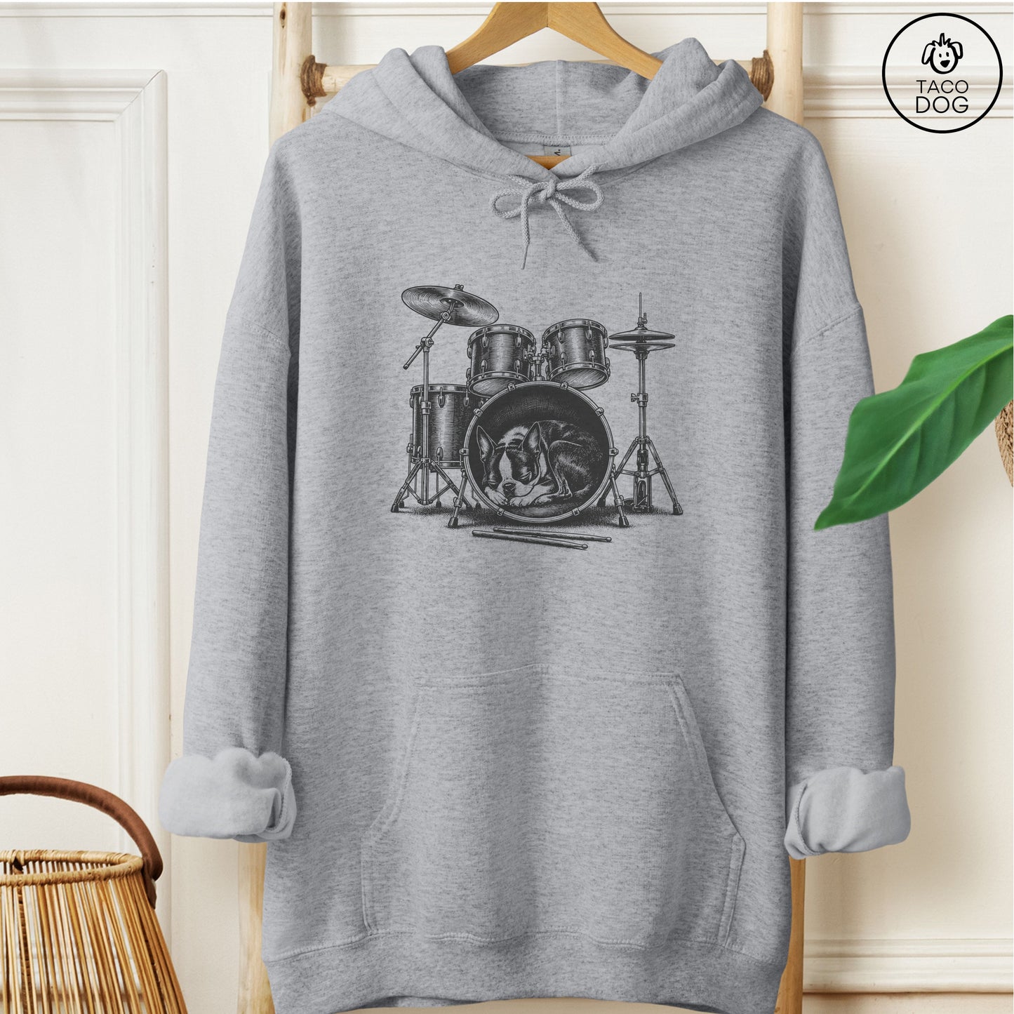 Boston Terrier Drum Hoodie Graphite Heather Taco-Dog