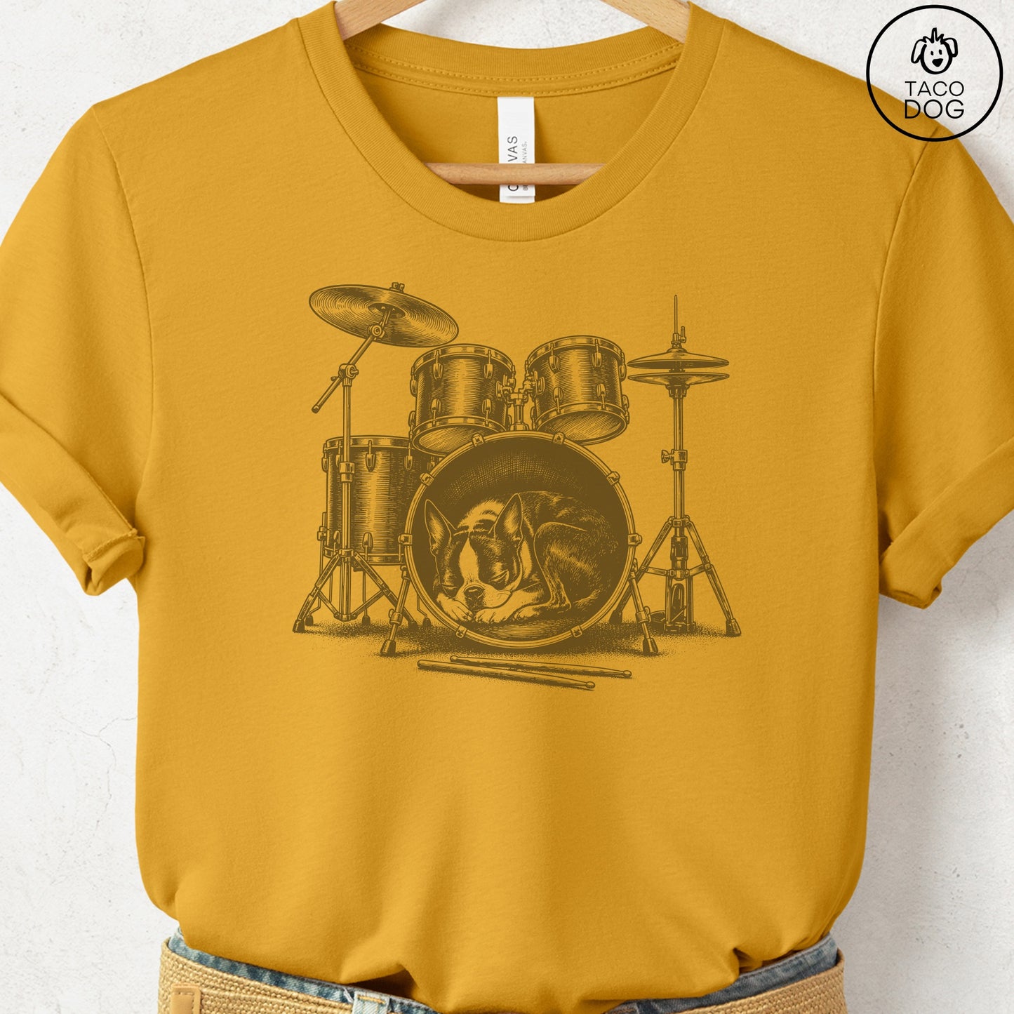 Boston Terrier Drum T-Shirt Mustard Taco-Dog
