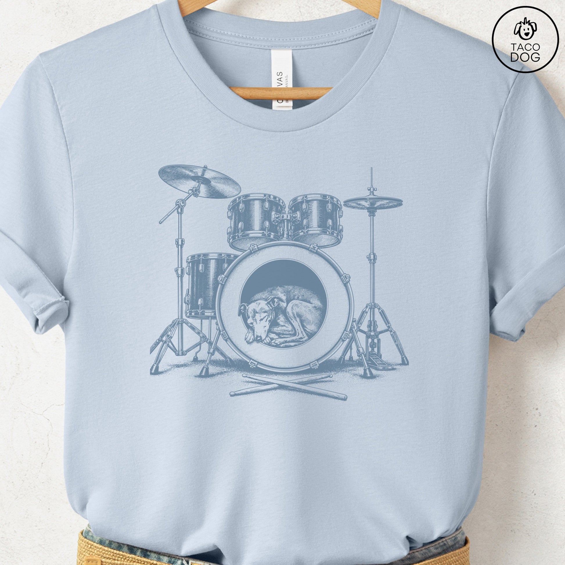 Italian Greyhound Whippet Drum T-Shirt Light Blue Taco-Dog