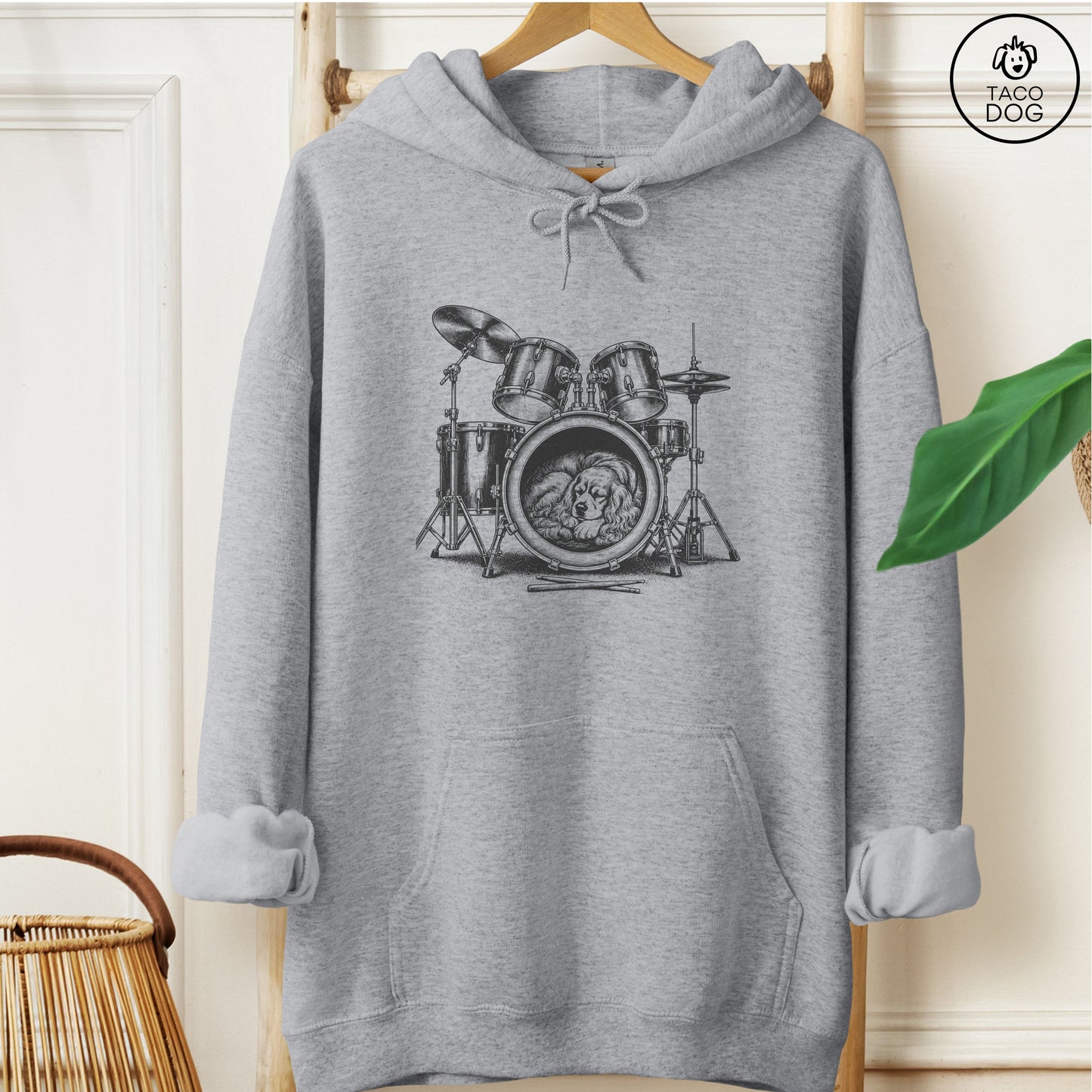 Cocker Spaniel Drum Hoodie Graphite Heather Taco-Dog