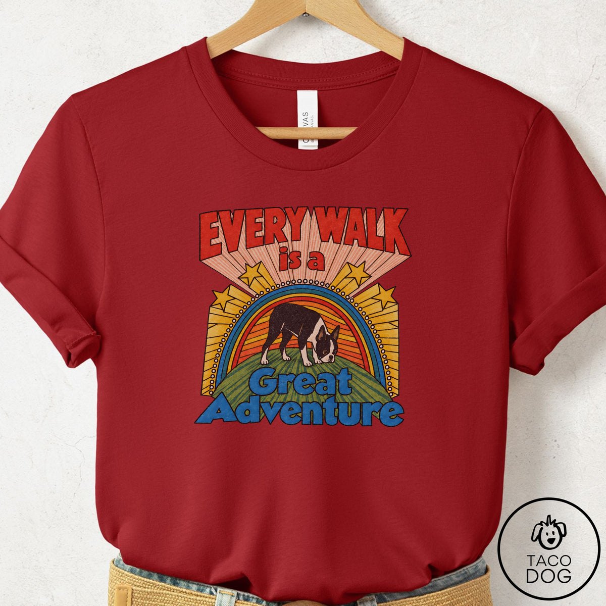 Boston Terrier Every Walk T-Shirt Canvas Red Taco-Dog