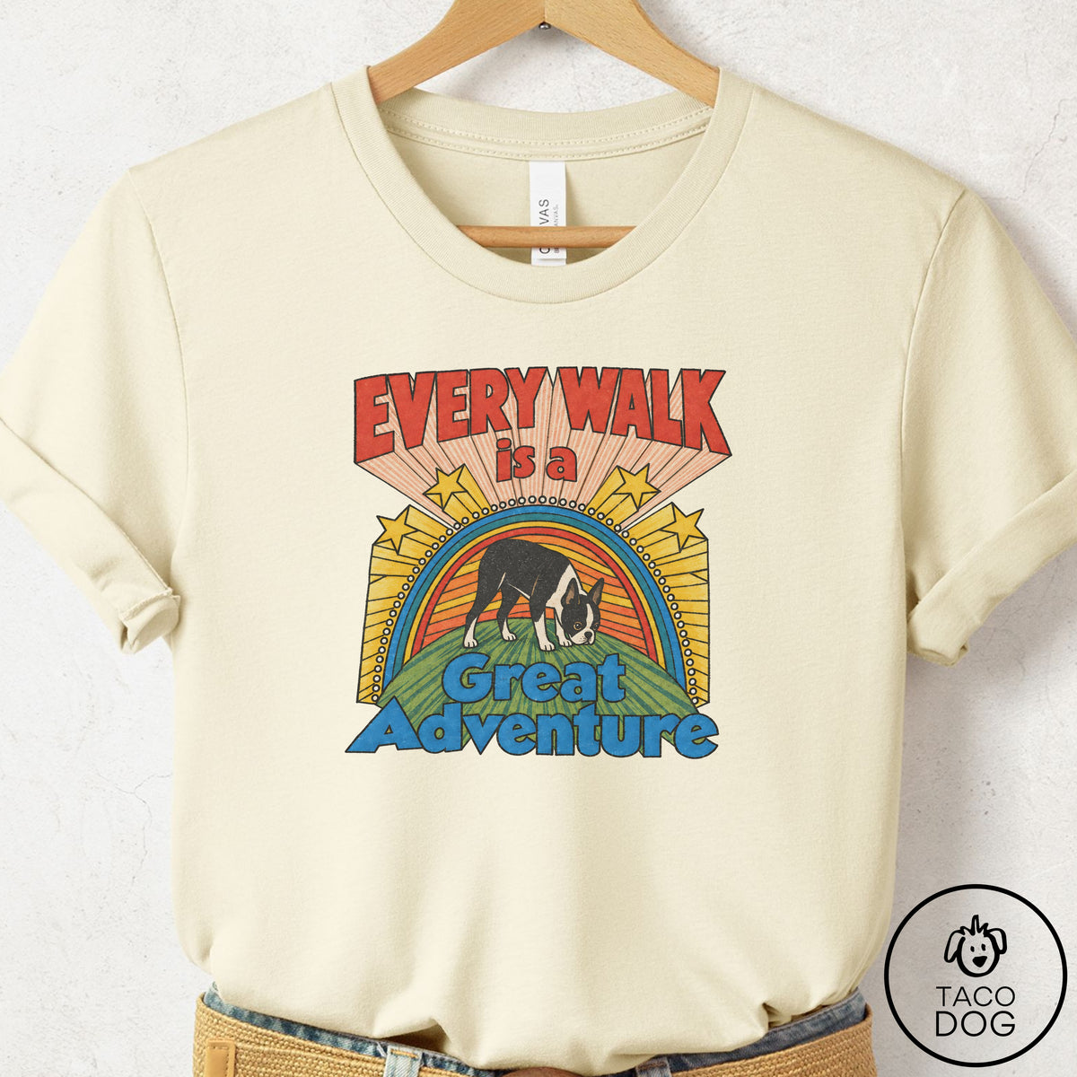 Boston Terrier Every Walk T-Shirt Natural Taco-Dog