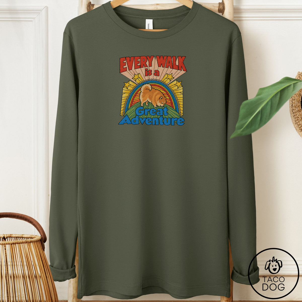 Pomeranian Every Walk Long Sleeve Tee Military Green Taco-Dog