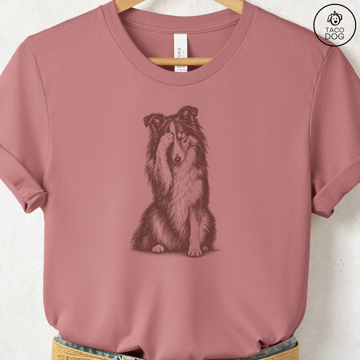 Shetland Sheepdog Facepalm T-Shirt Heather Mauve Taco-Dog