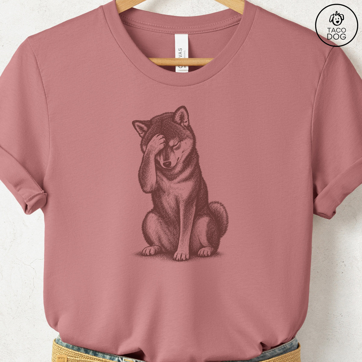 Shiba Inu Facepalm T-Shirt Heather Mauve Taco-Dog
