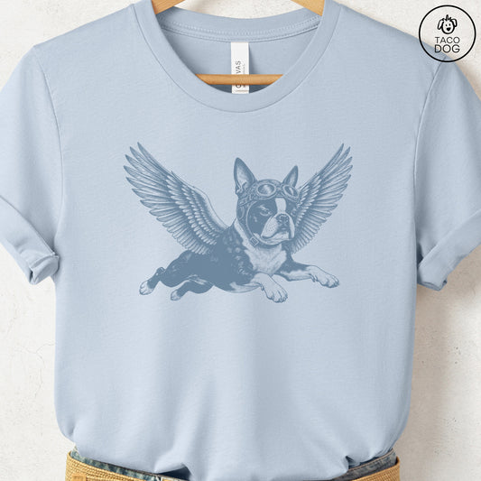 Boston Terrier Flight Risk T-Shirt Light Blue S Taco-Dog