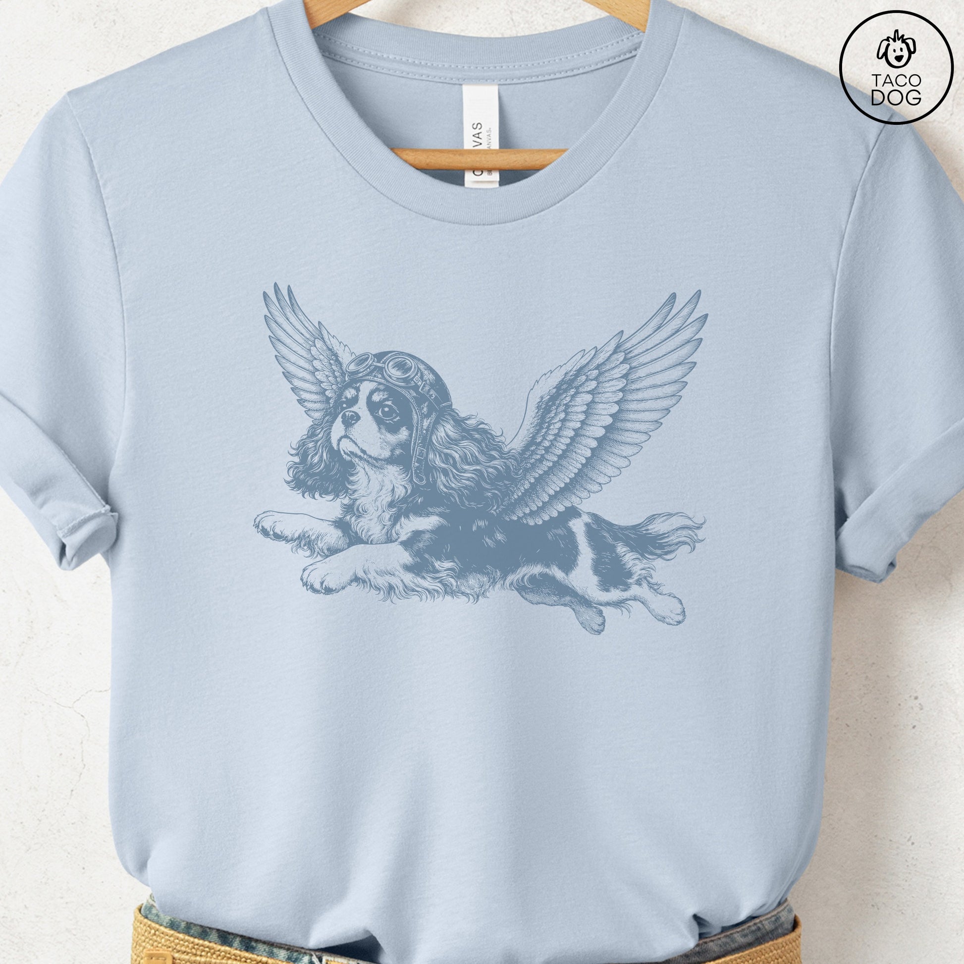 Cavalier King Charles Spaniel Flight Risk T-Shirt Light Blue Taco-Dog