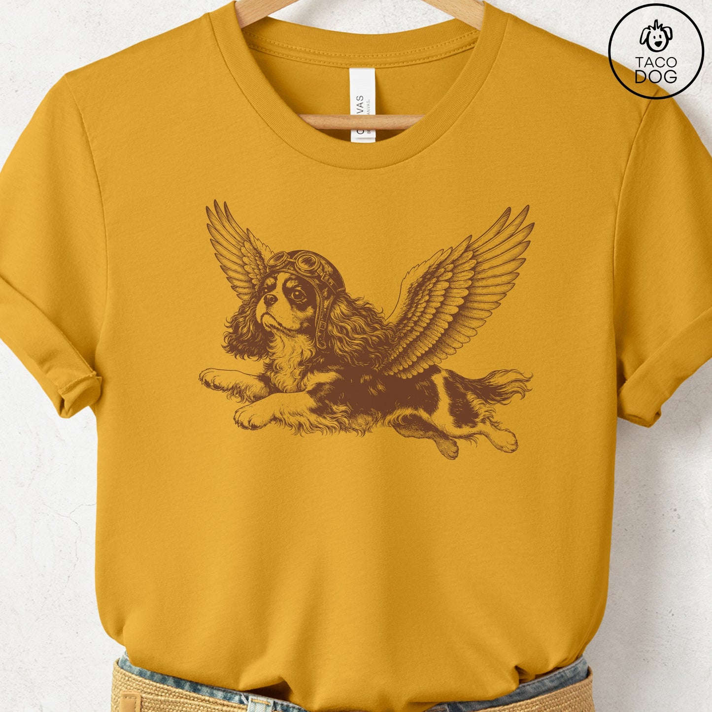 Cavalier King Charles Spaniel Flight Risk T-Shirt Mustard Taco-Dog