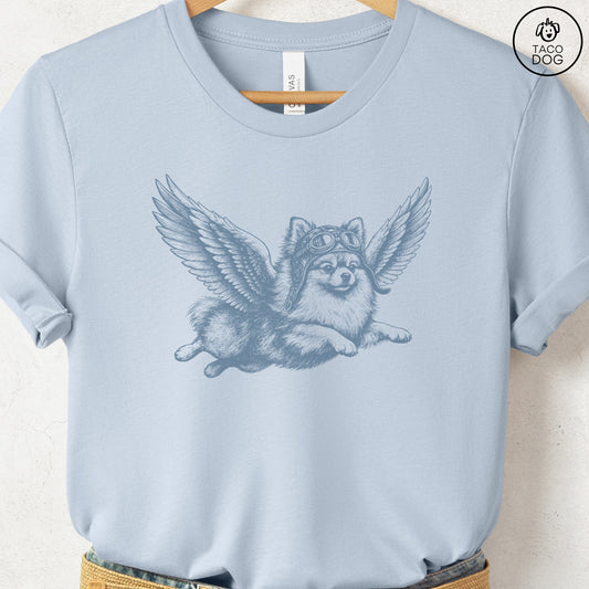 Pomeranian Flight Risk T-Shirt Light Blue S Taco-Dog