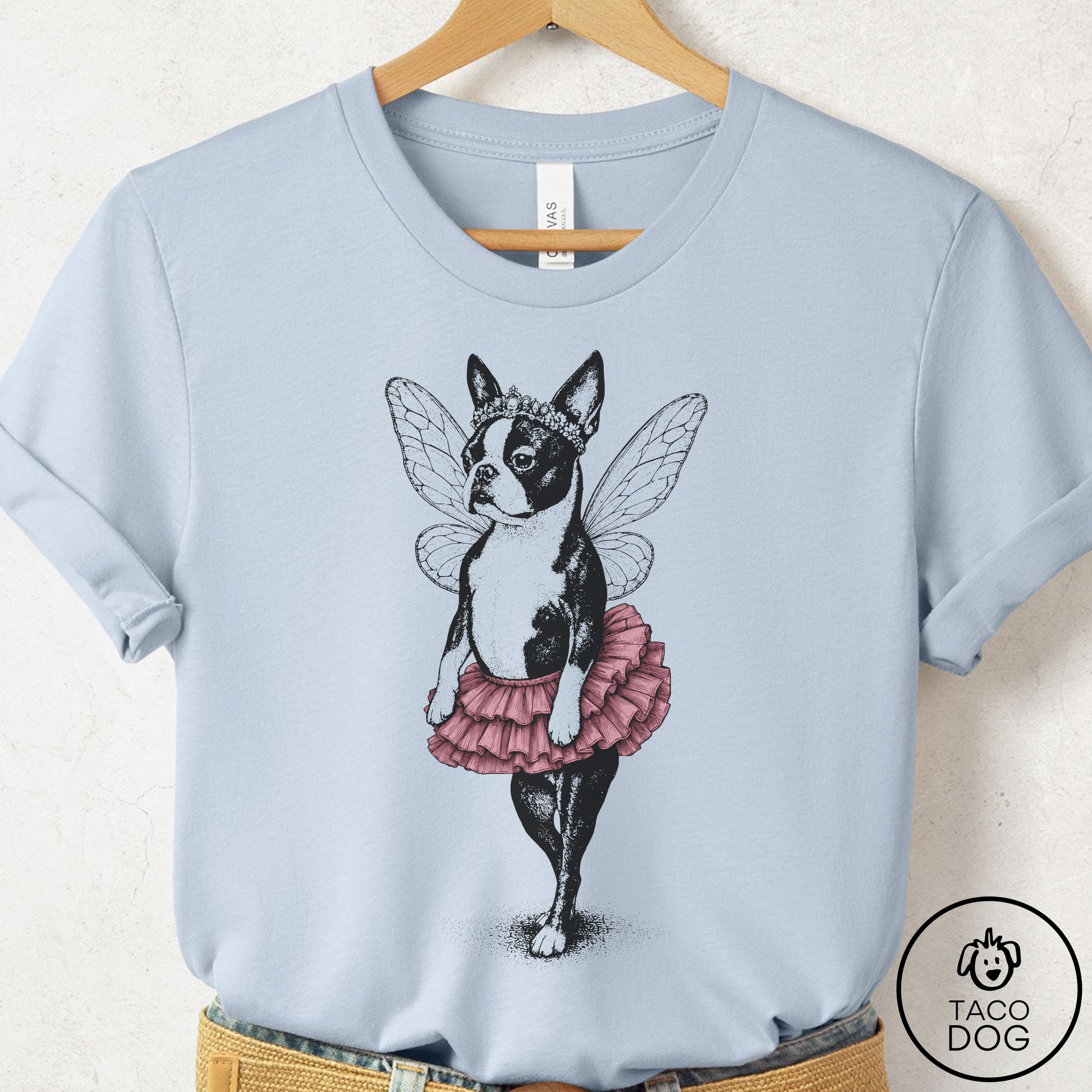 Boston Terrier Fairy Black Ink T-Shirt Light Blue Taco-Dog