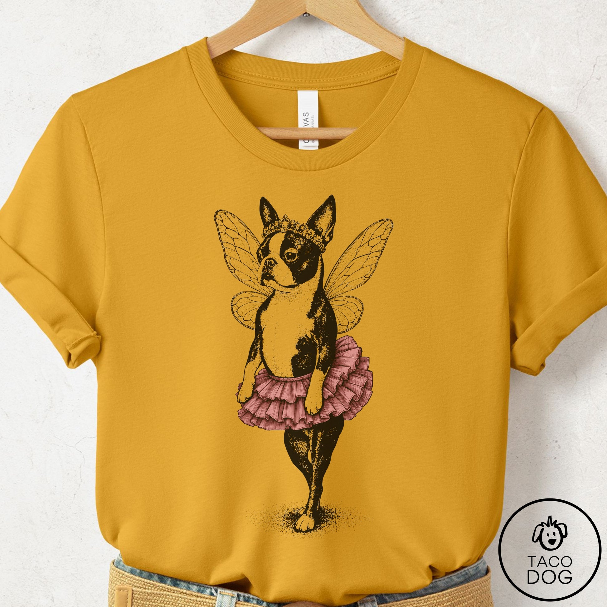 Boston Terrier Fairy Black Ink T-Shirt Mustard Taco-Dog