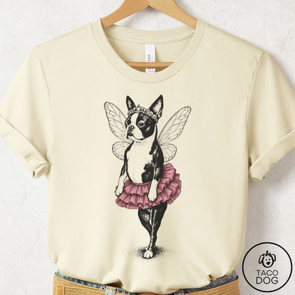 Boston Terrier Fairy Black Ink T-Shirt Natural Taco-Dog