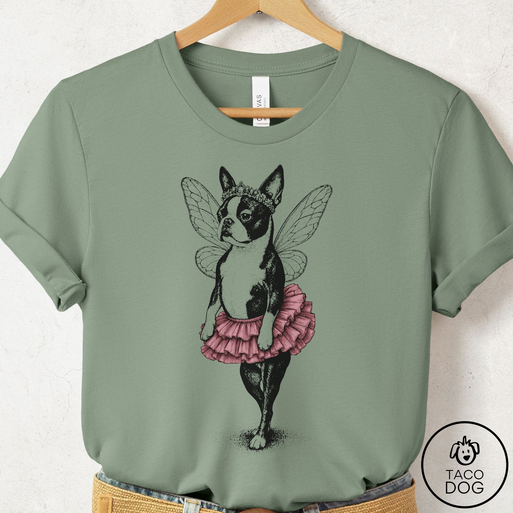 Boston Terrier Fairy Black Ink T-Shirt Sage Taco-Dog