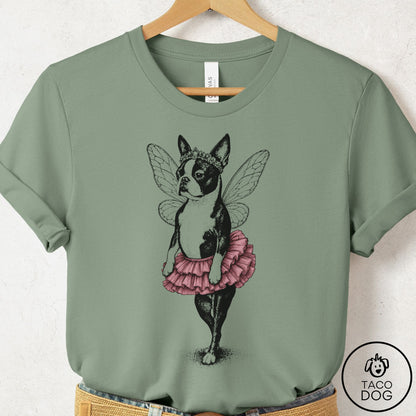 Boston Terrier Fairy Black Ink T-Shirt Sage Taco-Dog