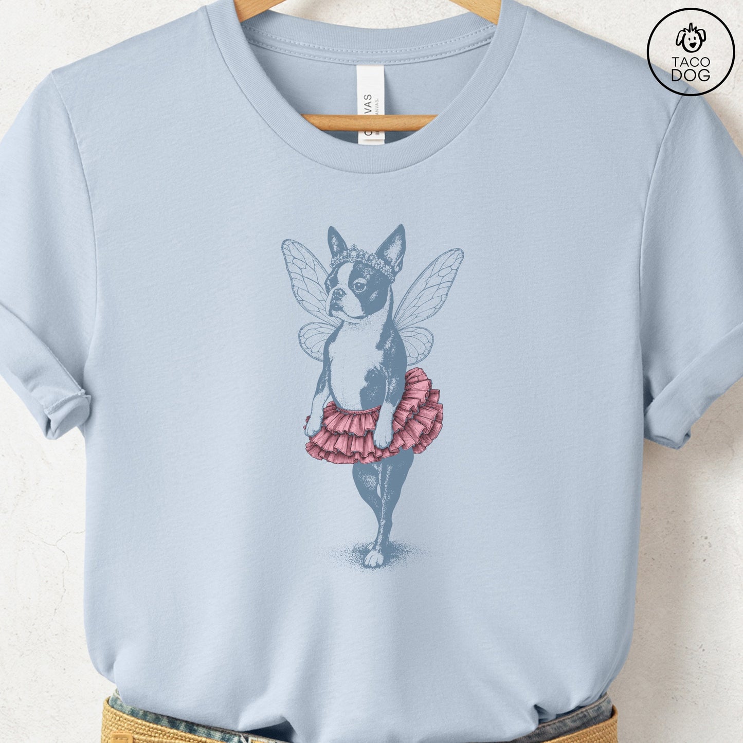 Boston Terrier Fairy T-Shirt Light Blue S Taco-Dog