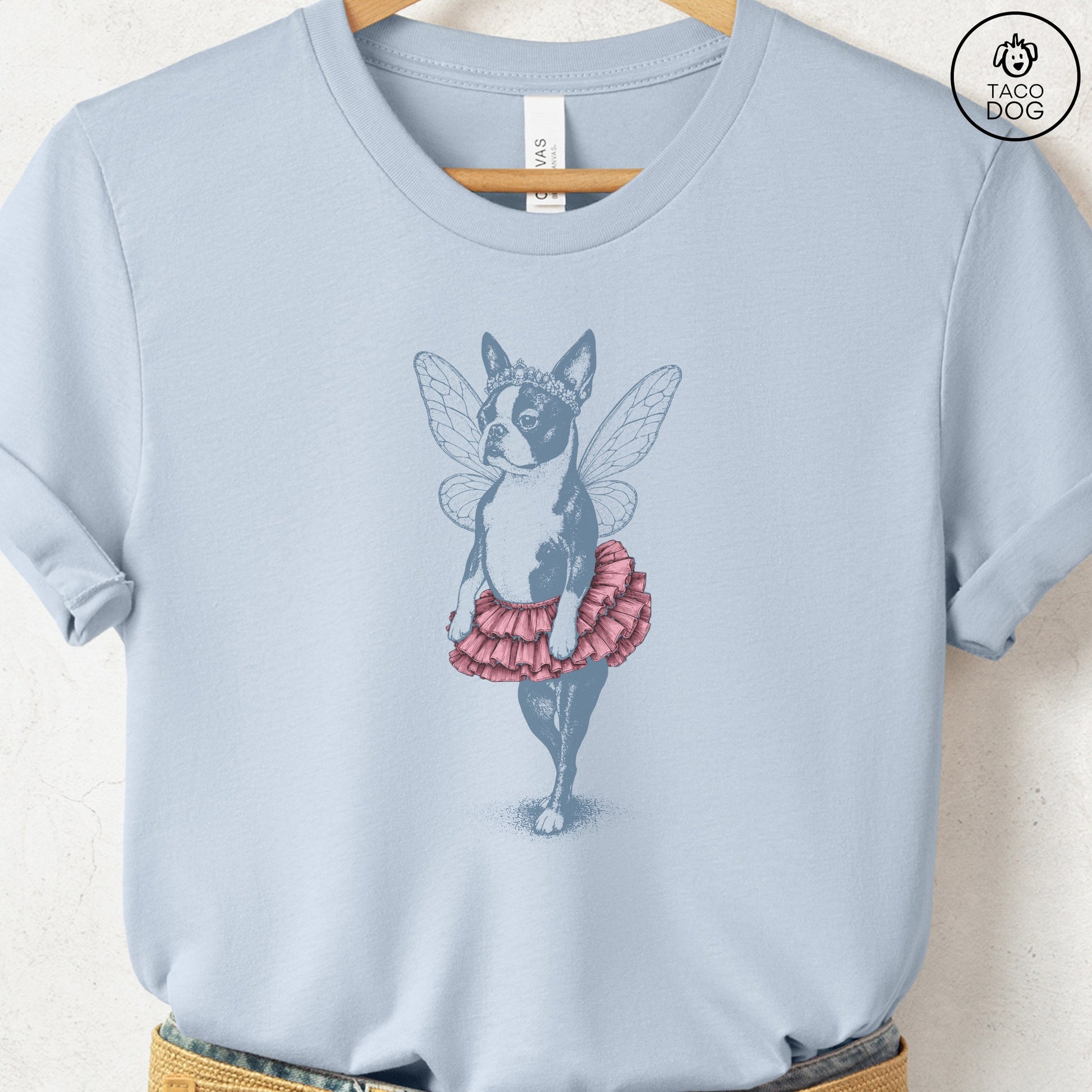 Boston Terrier Fairy T-Shirt Light Blue S Taco-Dog