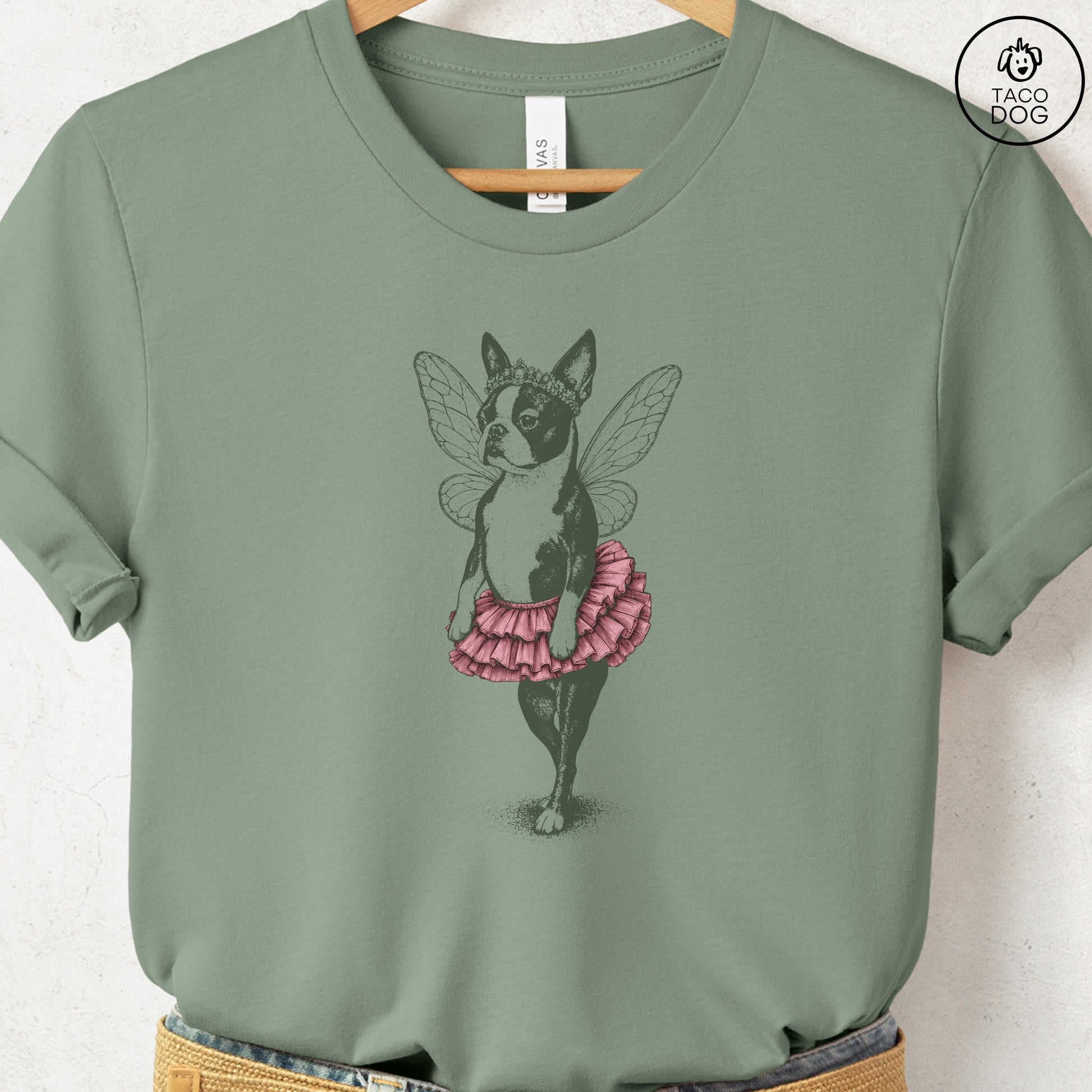 Boston Terrier Fairy T-Shirt Sage S Taco-Dog