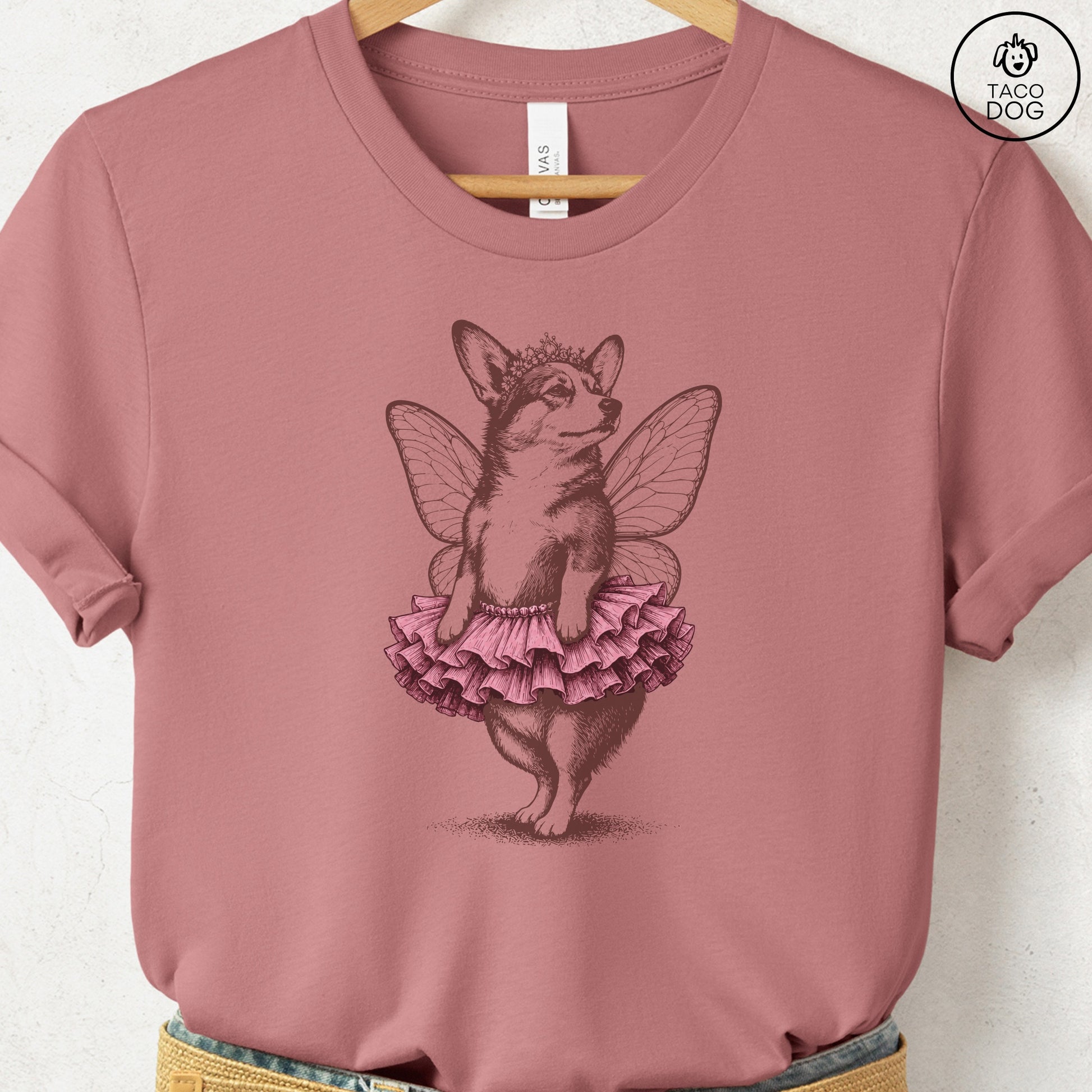 Corgi Fairy T-Shirt Heather Mauve S Taco-Dog