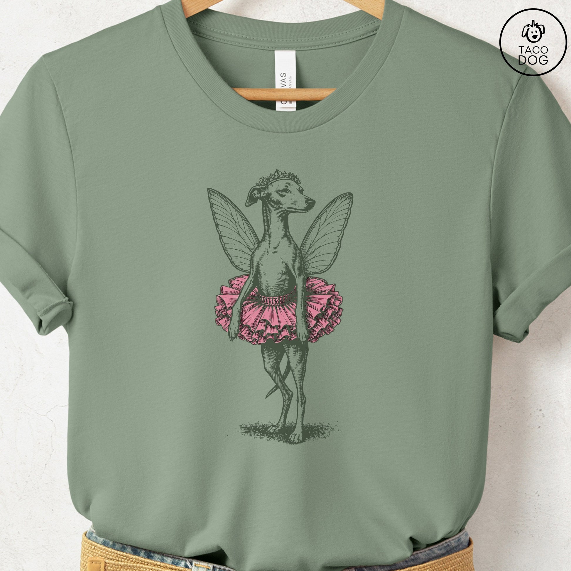 Italian Greyhound Whippet Fairy T-Shirt Sage S Taco-Dog