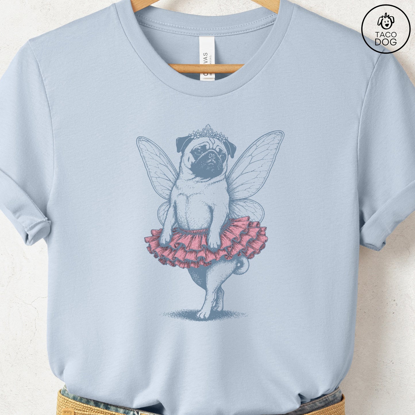 Pug Fairy T-Shirt Light Blue S Taco-Dog