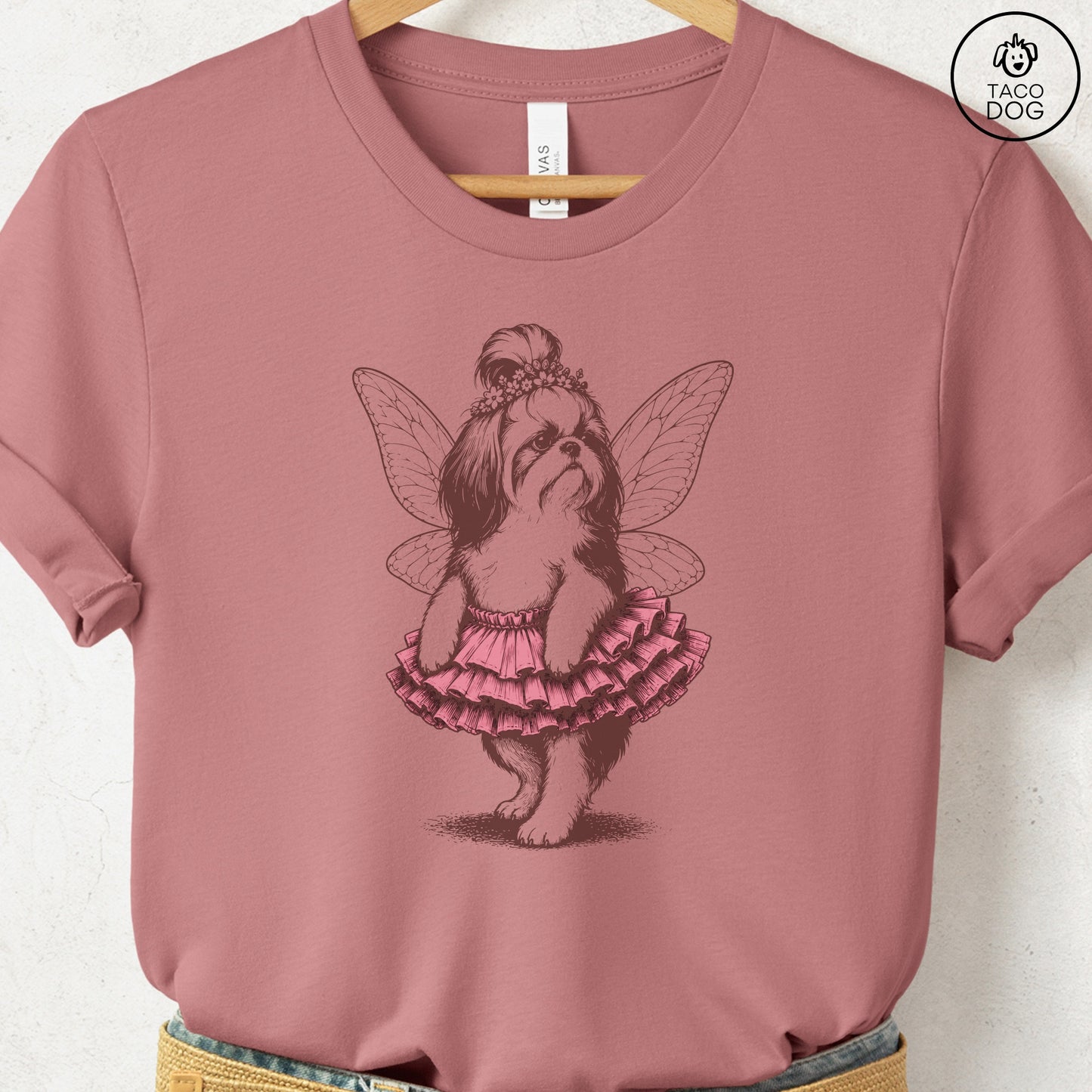 Shih Tzu Fairy T-Shirt Heather Mauve Taco-Dog