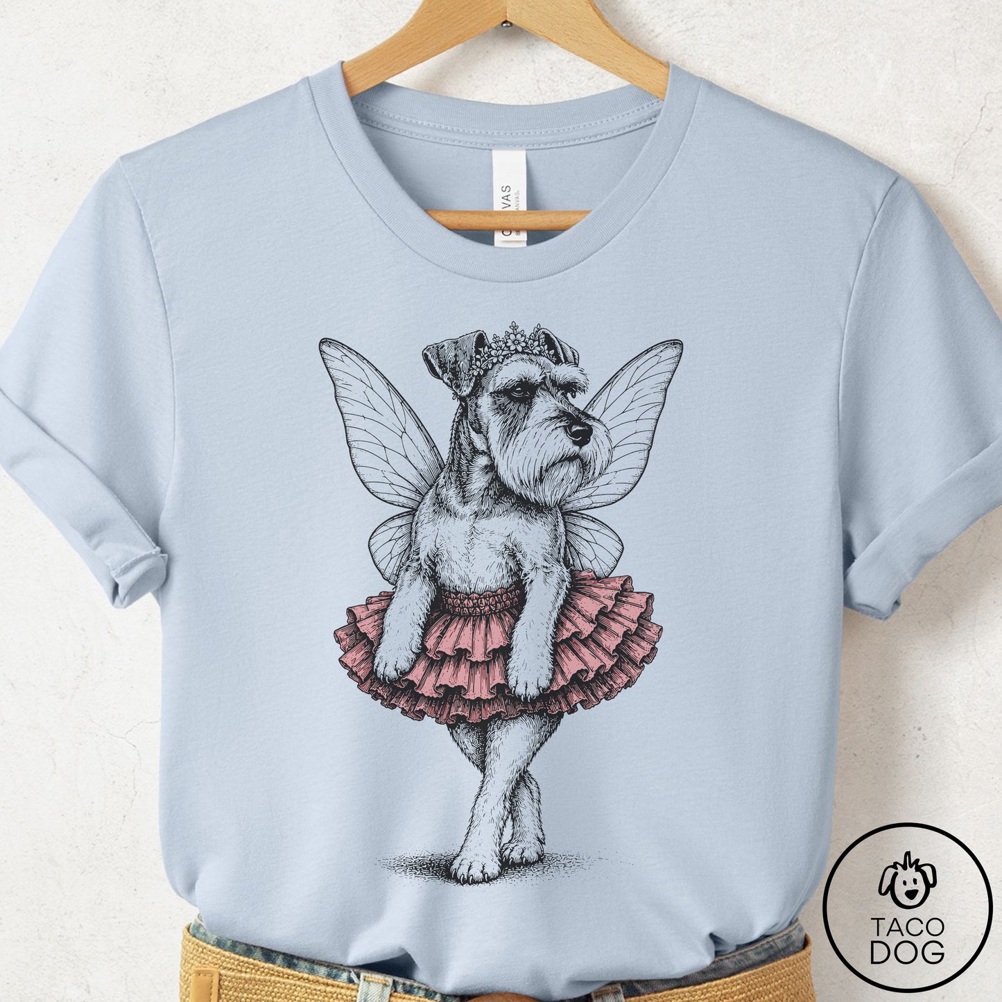 Schnauzer Fairy Black Ink T-Shirt Light Blue Taco-Dog