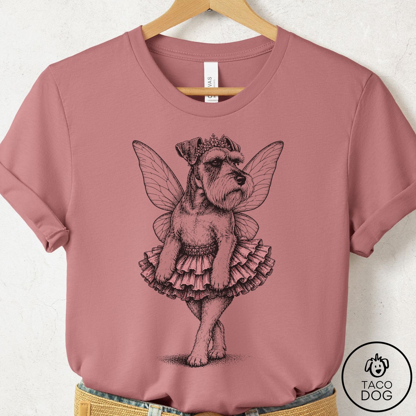 Schnauzer Fairy Black Ink T-Shirt Mauve Taco-Dog