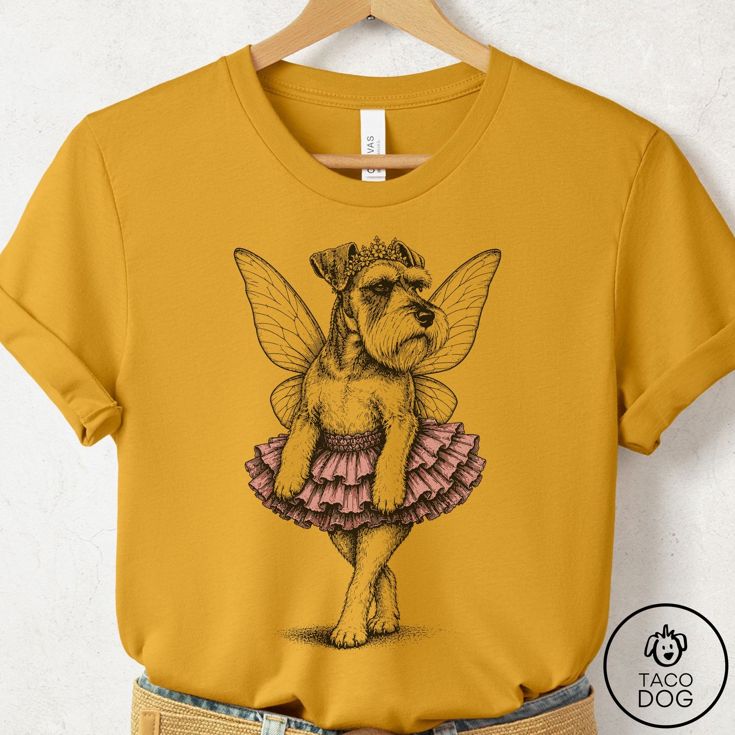Schnauzer Fairy Black Ink T-Shirt Mustard Taco-Dog
