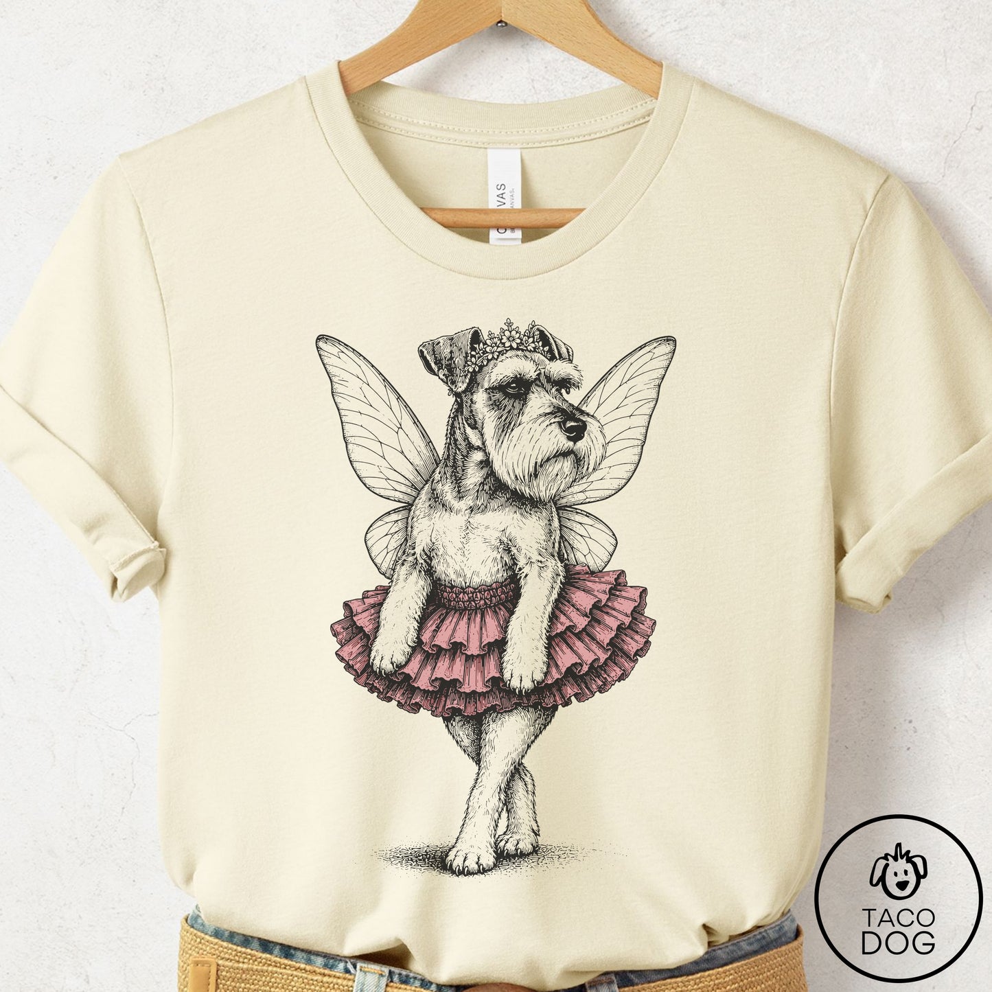 Schnauzer Fairy Black Ink T-Shirt Natural Taco-Dog