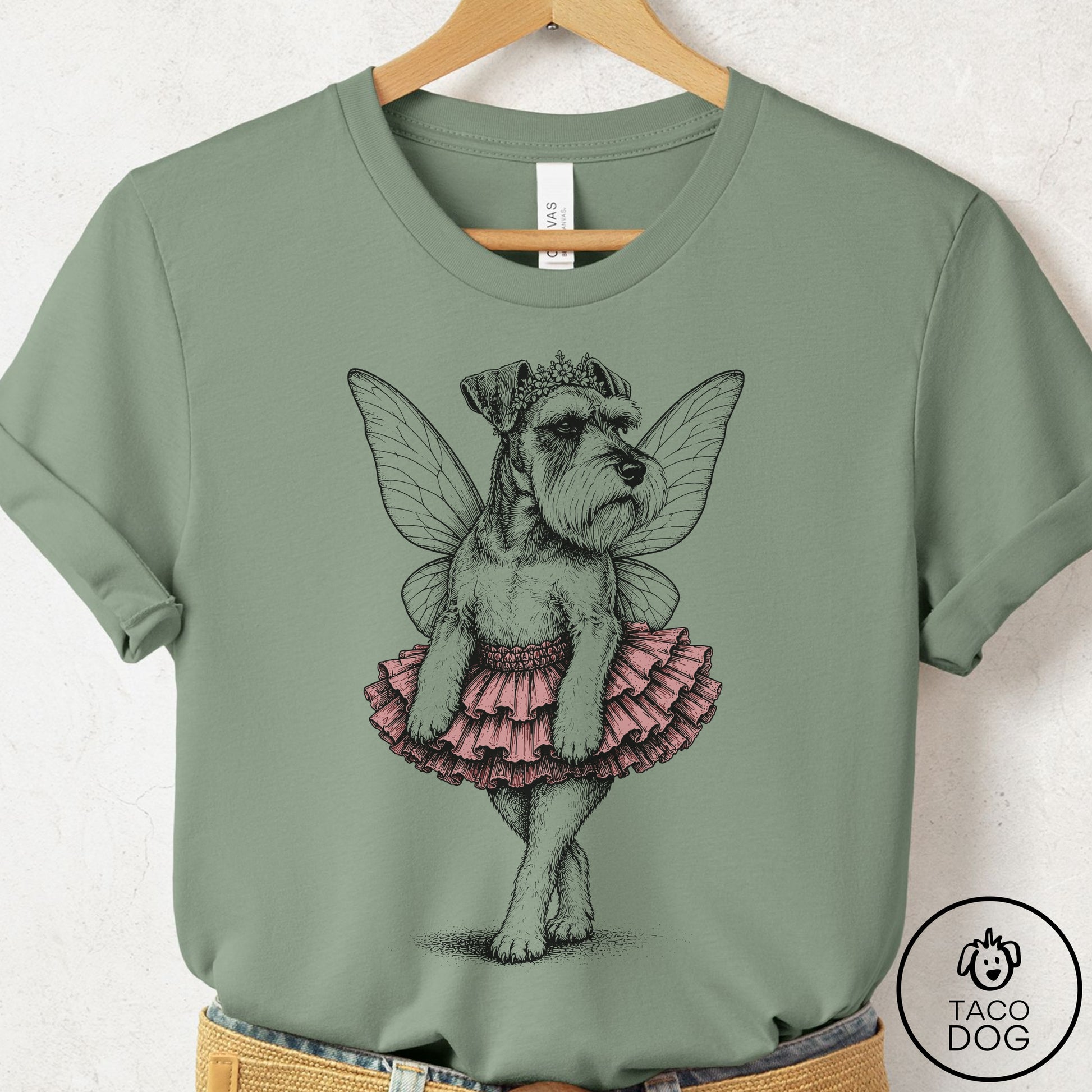 Schnauzer Fairy Black Ink T-Shirt Sage Taco-Dog