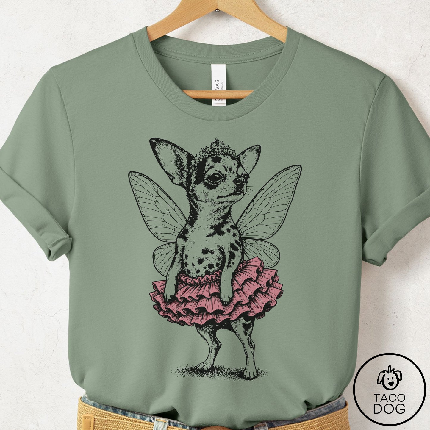 Chihuahua Fairy Black Ink T-Shirt Sage S Taco-Dog