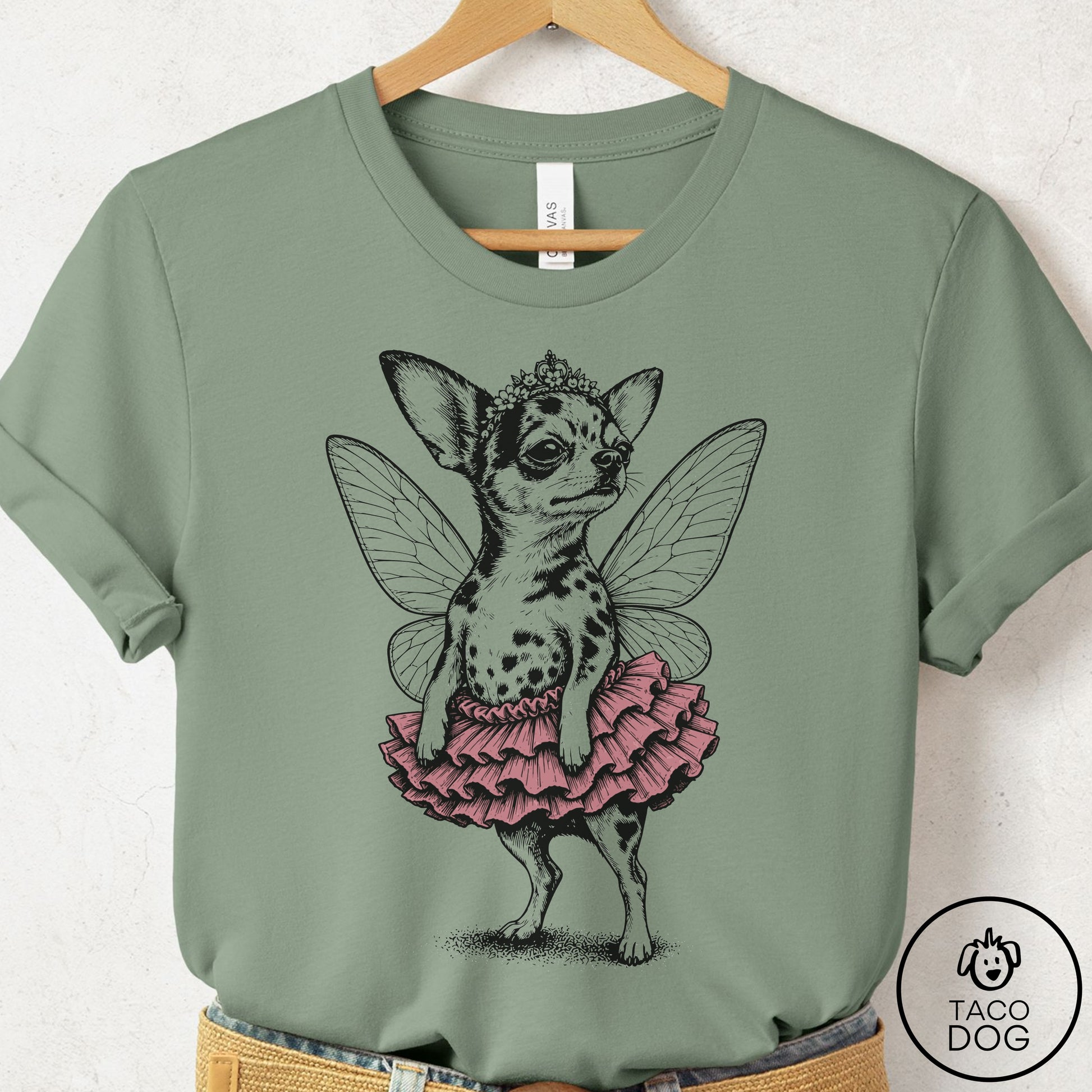 Chihuahua Fairy Black Ink T-Shirt Sage S Taco-Dog