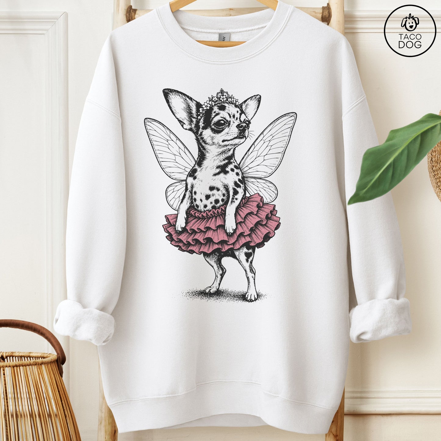 Chihuahua Fairy Black Ink Sweatshirt White M Taco-Dog