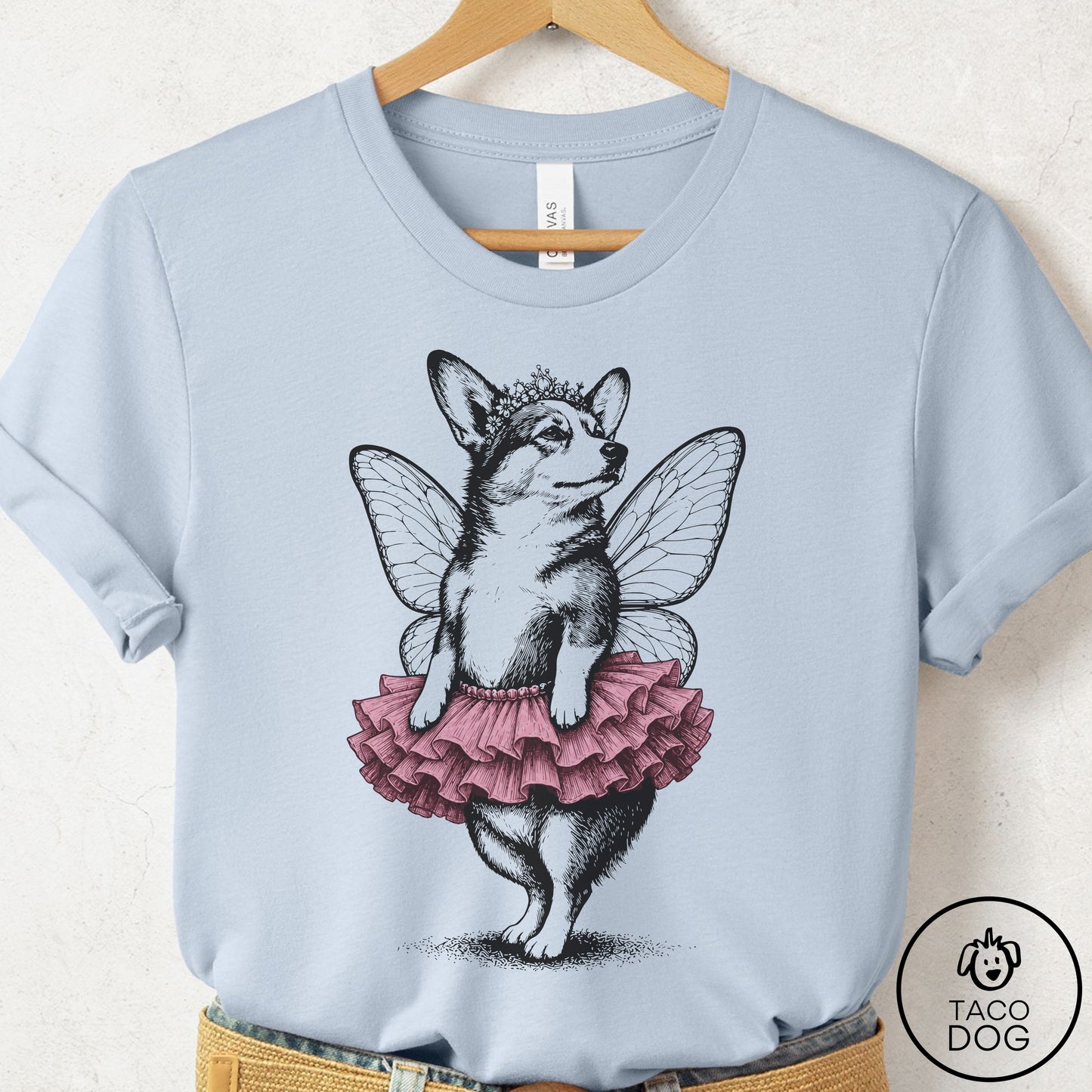 Corgi Fairy Black Ink T-Shirt Light Blue S Taco-Dog
