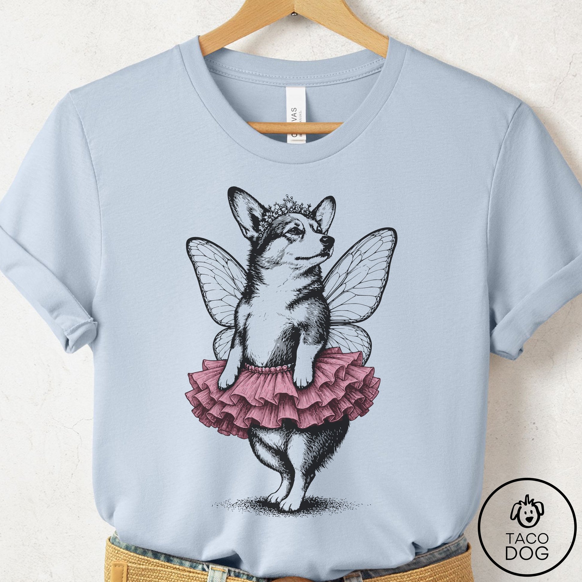 Corgi Fairy Black Ink T-Shirt Light Blue S Taco-Dog
