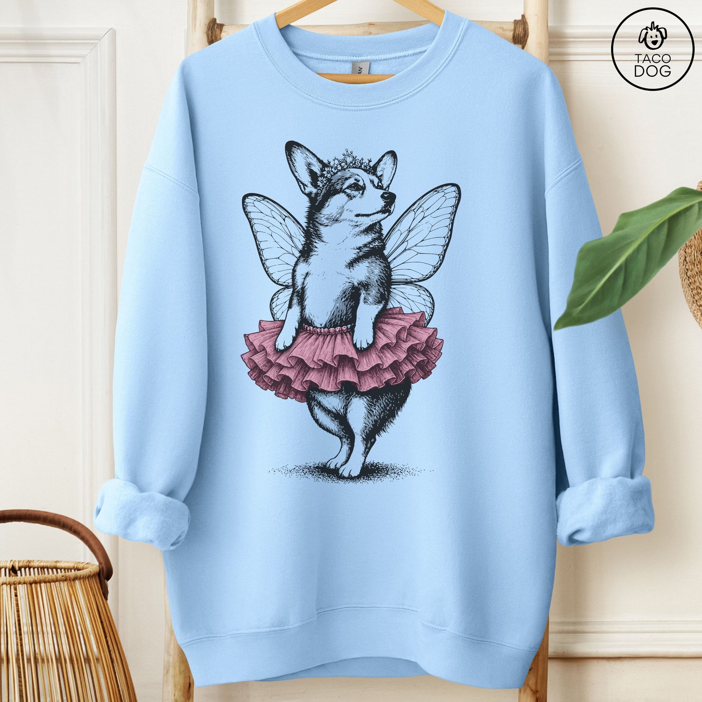 Corgi Fairy Black Ink Sweatshirt Light Blue M Taco-Dog
