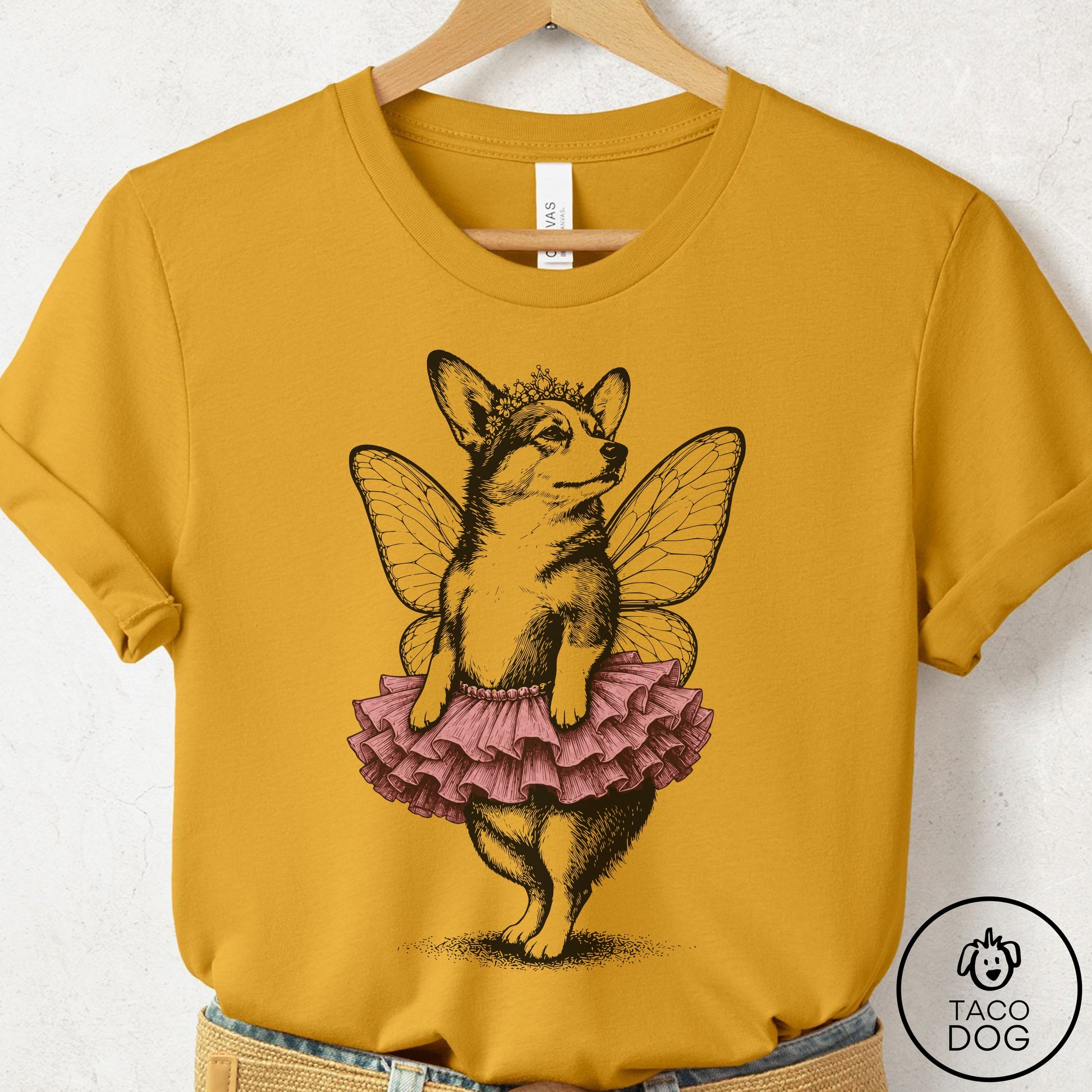 Corgi Fairy Black Ink T-Shirt Mustard S Taco-Dog