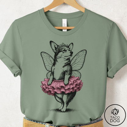 Corgi Fairy Black Ink T-Shirt Sage S Taco-Dog