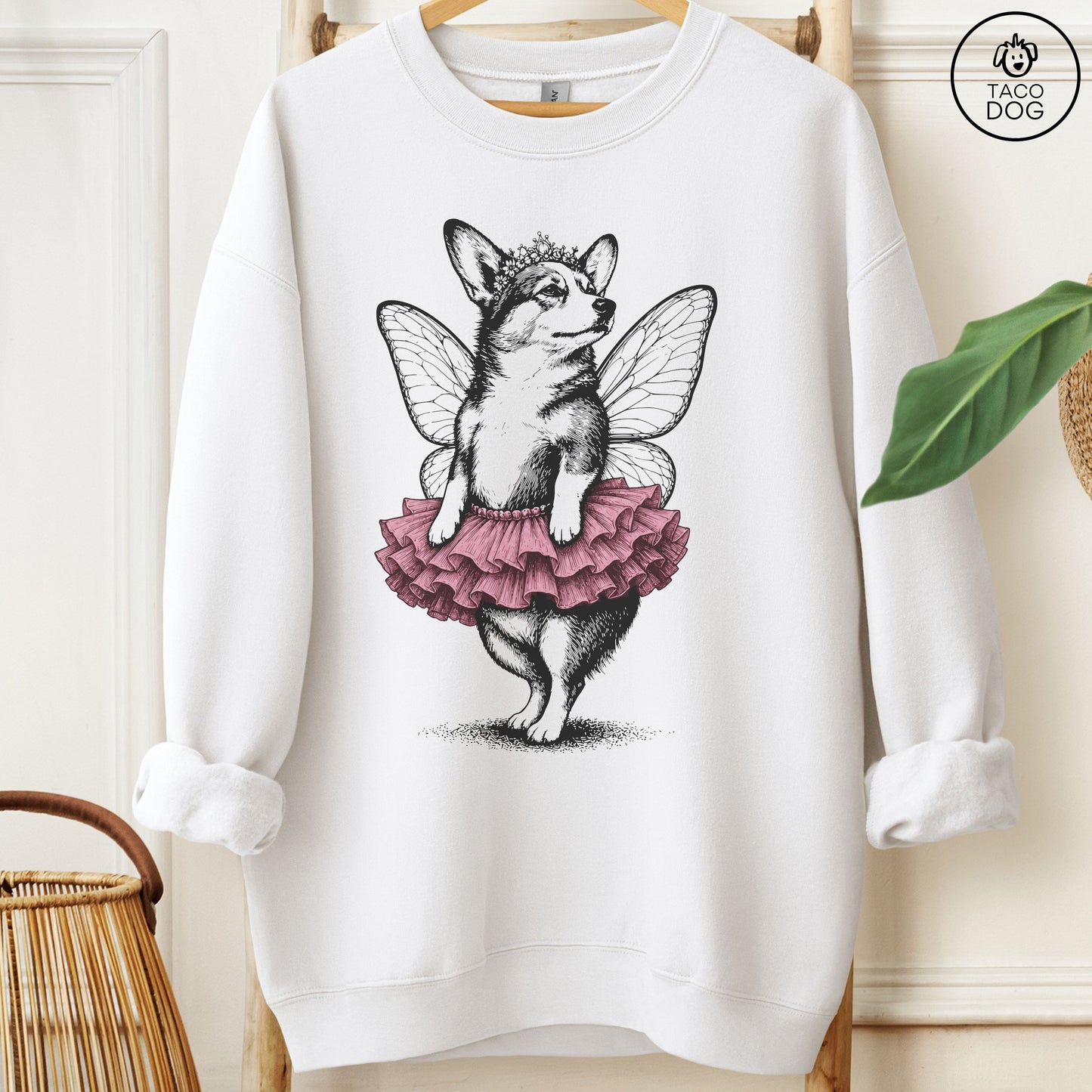 Corgi Fairy Black Ink Sweatshirt White M Taco-Dog