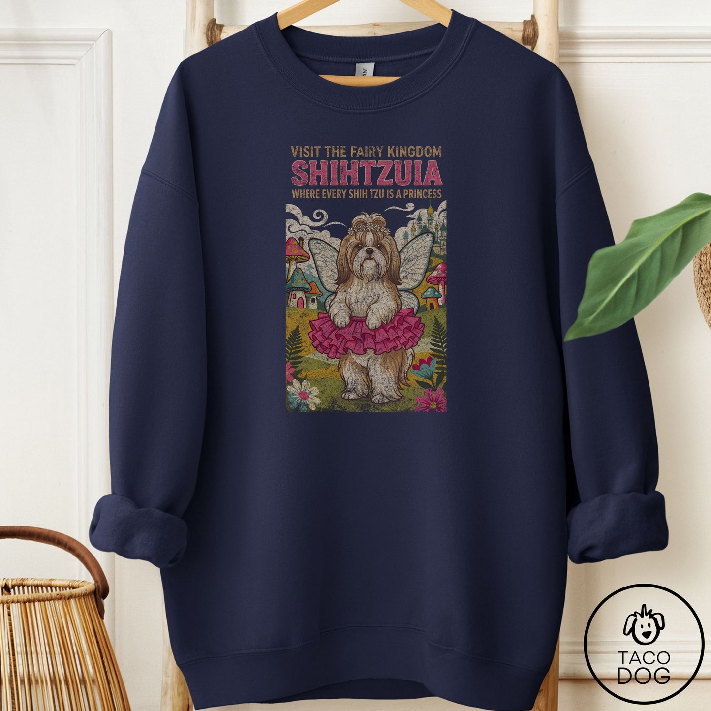 Shih Tzu Fairy Kingdom Sweatshirt Navy Taco-Dog