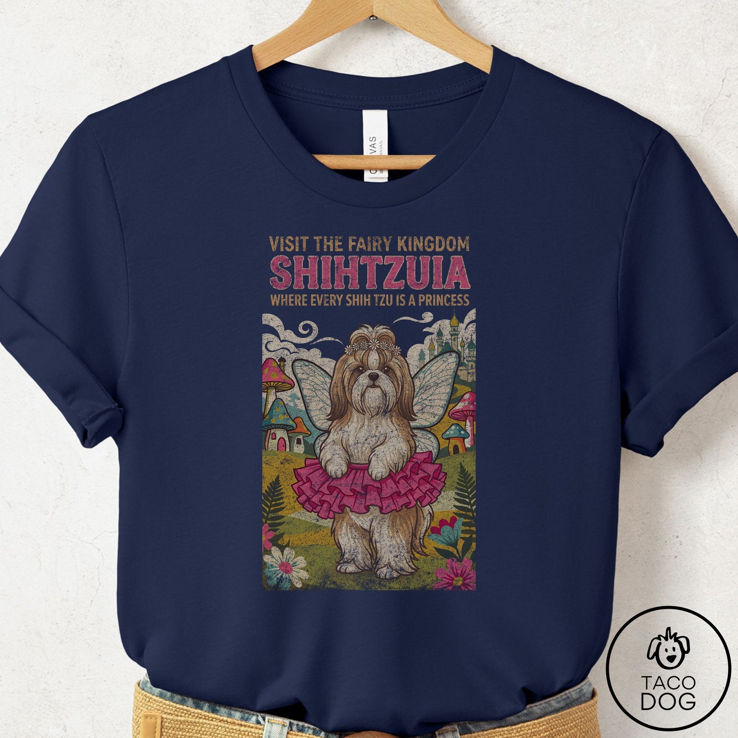 Shih Tzu Fairy Kingdom T-Shirt Navy Taco-Dog