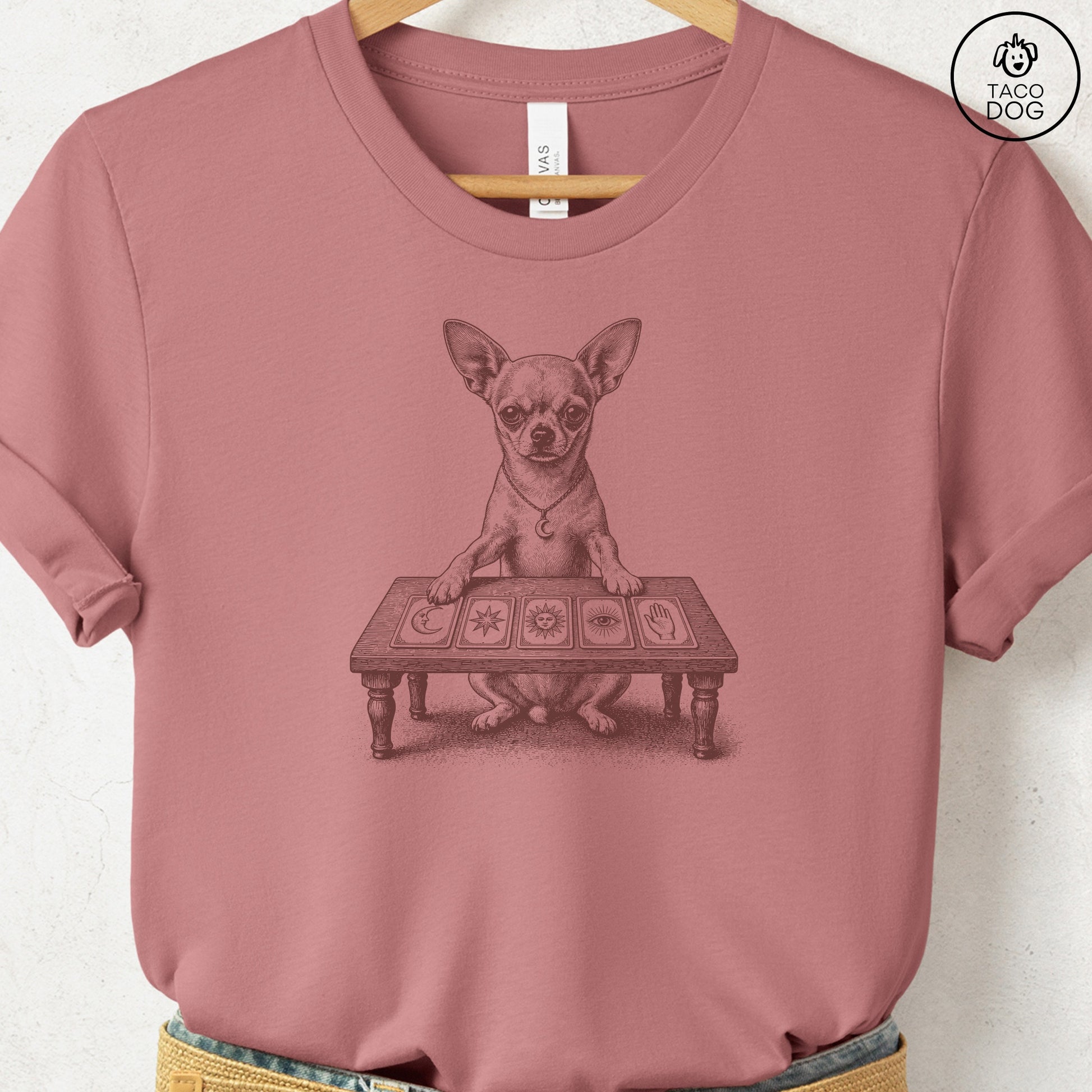 Chihuahua Fall Tarot T-Shirt Heather Mauve Taco-Dog
