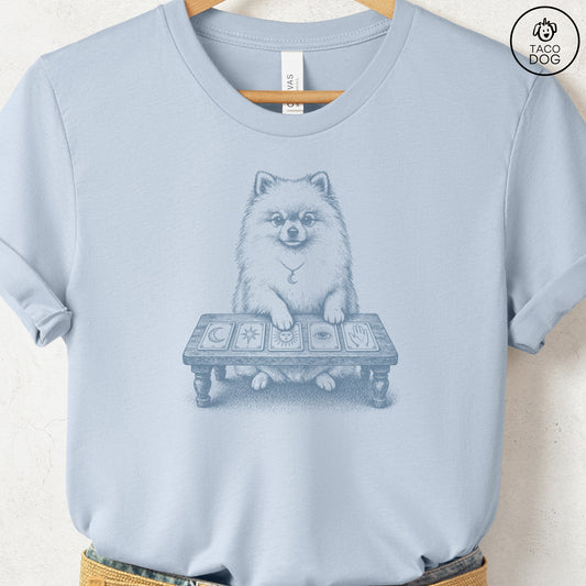 Pomeranian Fall Tarot T-Shirt Light Blue Taco-Dog
