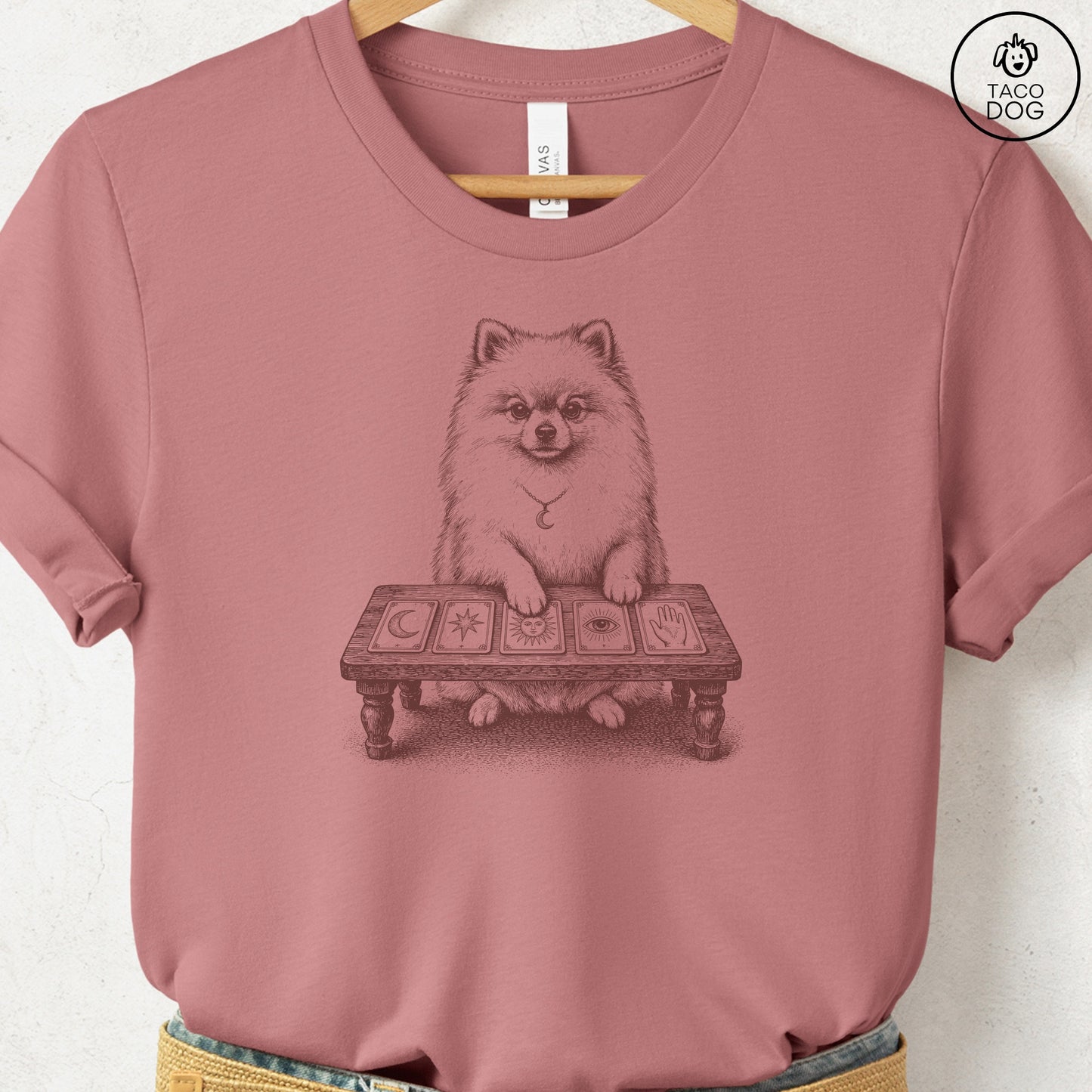 Pomeranian Fall Tarot T-Shirt Heather Mauve Taco-Dog