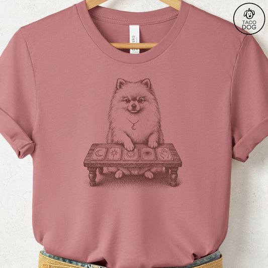 Pomeranian Fall Tarot T-Shirt Heather Mauve Taco-Dog