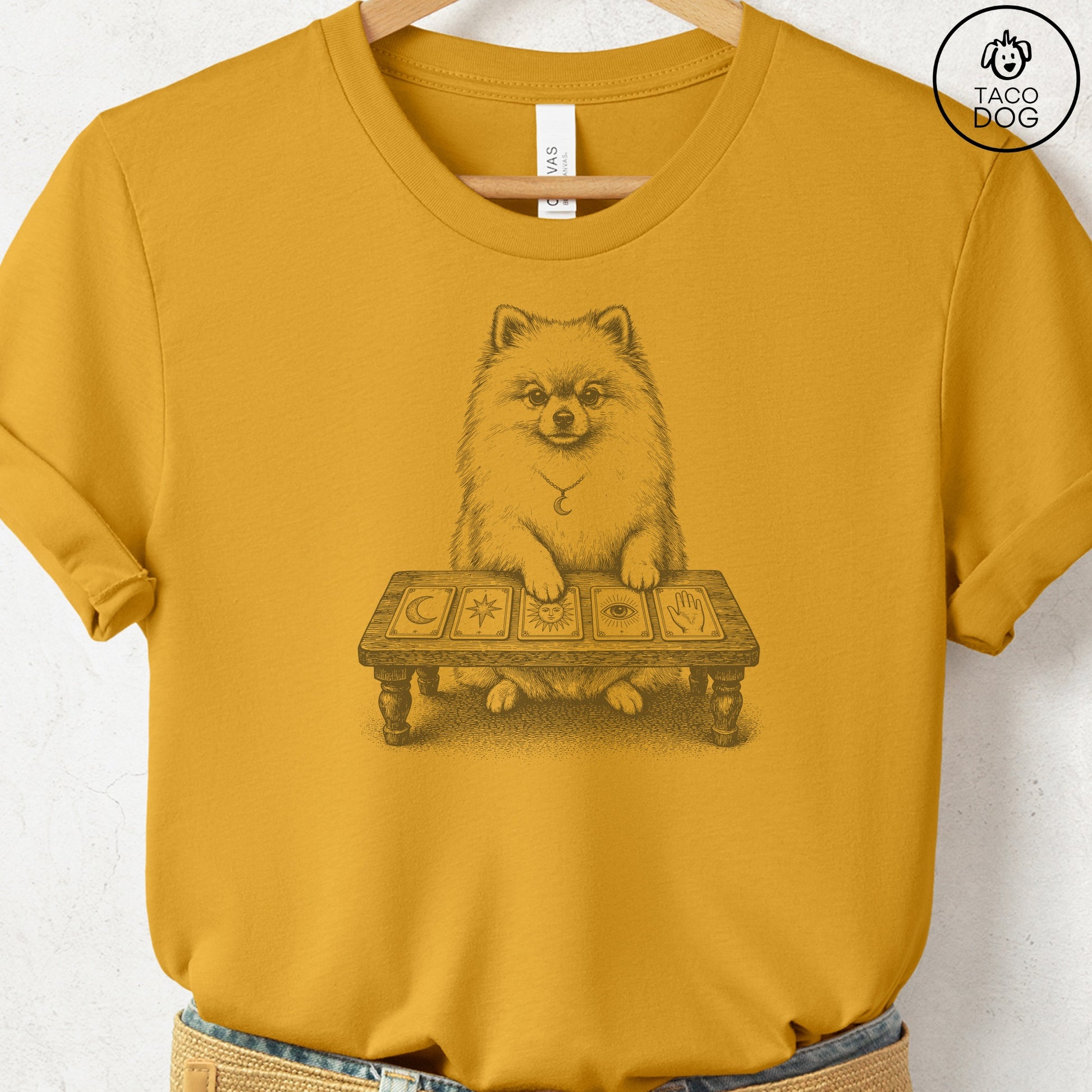 Pomeranian Fall Tarot T-Shirt Mustard Taco-Dog